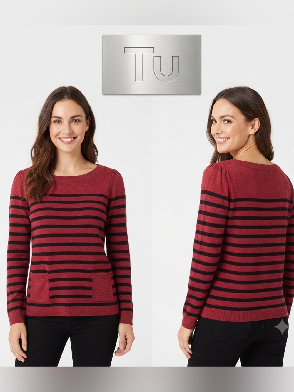 TU Stripped Small Puff Sleeve 2 Square Pockets Sweater 8